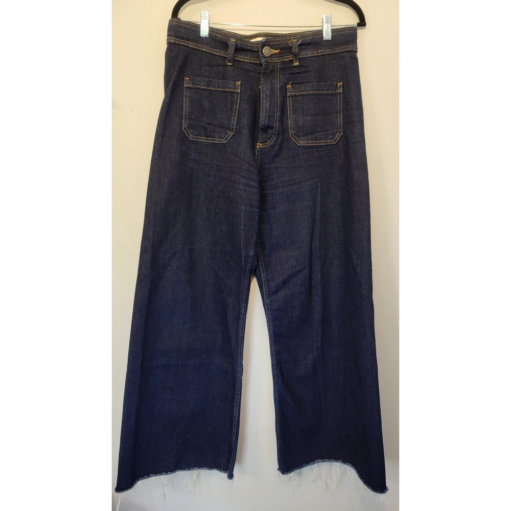 Zara ZW Collection High Waist Wide Leg Flare Marine Jeans Indigo Patch Pocket